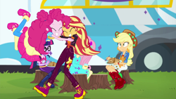 Size: 1920x1080 | Tagged: safe, screencap, applejack, fluttershy, pinkie pie, sci-twi, sunset shimmer, twilight sparkle, equestria girls, equestria girls series, sunset's backstage pass!, spoiler:eqg series (season 2), cute, food, pancakes, tree stump, twirl