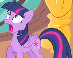 Size: 504x401 | Tagged: safe, derpibooru import, screencap, twilight sparkle, twilight sparkle (alicorn), alicorn, pegasus, pony, female, gasp, mare, missing horn, open mouth, outfit catalog, raised hoof, shocked, solo, wide eyes