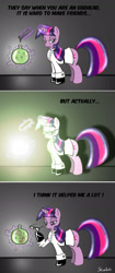 Size: 1100x2627 | Tagged: safe, artist:skunkiss, derpibooru import, pinkie pie, twilight sparkle, earth pony, pony, clothes, comic, glasses, mad scientist, science, vial