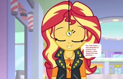 Size: 899x578 | Tagged: safe, edit, edited screencap, editor:thomasfan45, screencap, sunset shimmer, a fine line, equestria girls, equestria girls series, 1000 hours in ms paint, brainwashing, canterlot mall, clothes, cute, cutie mark on clothes, description is relevant, female, geode of empathy, hypnosis, hypnotized, implied flash sentry, implied flashimmer, implied shipping, implied straight, jacket, leather jacket, magical geodes, male, memory alteration, offscreen character, offscreen male, pendulum swing, pocket watch, shimmerbetes, shirt, sleeping, smiling, solo, speech bubble, story included