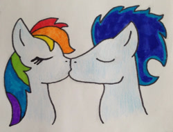 Size: 1280x973 | Tagged: safe, artist:dragonpriness, derpibooru import, rainbow dash, soarin', pegasus, pony, crayon drawing, female, kissing, male, marker drawing, shipping, soarindash, straight, traditional art