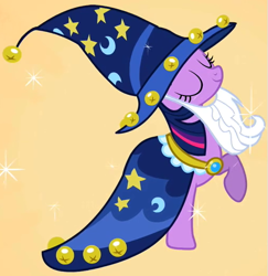 Size: 505x520 | Tagged: safe, derpibooru import, screencap, star swirl the bearded, twilight sparkle, luna eclipsed, bells, clothes, costume, eyes closed, hat, outfit catalog, solo, wizard hat