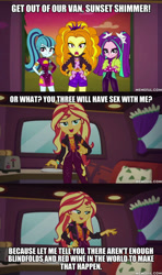 Size: 600x1011 | Tagged: safe, edit, edited screencap, screencap, adagio dazzle, aria blaze, sonata dusk, sunset shimmer, better together, equestria girls, sunset's backstage pass!, caption, image macro, meme, text, the dazzlings