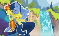 Size: 1280x791 | Tagged: safe, artist:sapphireartemis, derpibooru import, spitfire, wave chill, pony, base used, blushing, carrying, hug, shipping, waterfall, wavefire