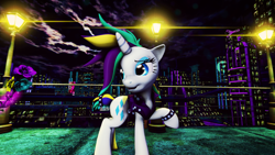 Size: 3840x2160 | Tagged: safe, artist:dj-chopin, rarity, pony, unicorn, it isn't the mane thing about you, 3d, alternate hairstyle, city, clothes, female, flower, lamppost, mare, night, punk, raripunk, smiling, solo, source filmmaker