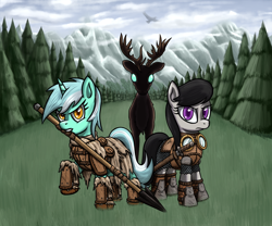 Size: 900x750 | Tagged: safe, artist:silentbutbeardly, lyra heartstrings, octavia melody, deer, earth pony, pony, armor, cover, cover art, fanfic, forest, mountain, spear, sword, weapon