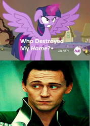 Size: 425x598 | Tagged: safe, derpibooru import, twilight sparkle, twilight sparkle (alicorn), alicorn, pony, angry, exploitable meme, female, loki, mare, marvel, meme, who destroyed twilight's home