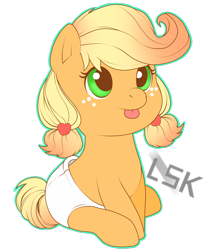 Size: 1024x1229 | Tagged: safe, artist:sofilut, applejack, earth pony, pony, baby, baby pony, babyjack, cute, diaper, jackabetes, simple background, solo, tongue out, transparent background