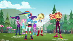 Size: 1920x1080 | Tagged: safe, screencap, applejack, fluttershy, rainbow dash, rarity, sci-twi, sunset shimmer, twilight sparkle, better together, equestria girls, sunset's backstage pass!, applejack's hat, clothes, cowboy hat, dress, geode of fauna, geode of shielding, geode of telekinesis, glasses, hat, high heels, jacket, magical geodes, music festival outfit, pants, rainbow socks, shoes, shorts, sneakers, socks, striped socks