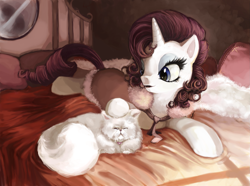 Size: 2433x1807 | Tagged: safe, artist:r0b0tassassin, opalescence, rarity, cat, pony, unicorn, bed, clothes, collar, cute, petting, pillow, realistic, robe, shadow