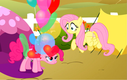 Size: 949x596 | Tagged: safe, screencap, fluttershy, pinkie pie, earth pony, pegasus, pony, the super speedy cider squeezy 6000, balloon, duo, tent