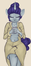 Size: 459x946 | Tagged: safe, artist:marsminer, rarity, anthro, unicorn, bathrobe, breasts, clothes, coffee, coffee mug, female, mug, robe, solo