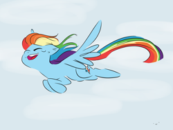 Size: 1280x960 | Tagged: safe, artist:drawbauchery, derpibooru import, rainbow dash, pegasus, pony, cute, dashabetes, eyes closed, female, flying, mare, open mouth, sky, solo, spread wings, wings