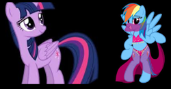 Size: 378x196 | Tagged: safe, derpibooru import, rainbow dash, twilight sparkle, twilight sparkle (alicorn), alicorn, pegasus, pony, belly dancer, bikini, bipedal, clothes, swimsuit