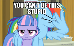 Size: 800x501 | Tagged: safe, derpibooru import, edit, edited screencap, screencap, rainbow dash, wind sprint, pegasus, pony, common ground, auntie dashie, caption, duo, facepalm, facewing, female, filly, foal, image macro, mare, meme, reaction image, text