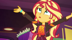 Size: 1920x1080 | Tagged: safe, screencap, sunset shimmer, better together, equestria girls, sunset's backstage pass!, arms in the air, clothes, female, frustrated, geode of empathy, jacket, looking up, magical geodes, solo