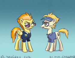 Size: 849x659 | Tagged: safe, artist:el-yeguero, derpibooru import, spitfire, pegasus, pony, all bottled up, 30 minute art challenge, clothes, dave the intern, ginger locks, glasses, gradient background, wings