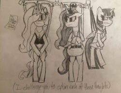 Size: 1024x782 | Tagged: safe, princess celestia, princess luna, twilight sparkle, twilight sparkle (alicorn), alicorn, pony, assisted exposure, birthday, clothes, frilly underwear, hanging wedgie, monochrome, panties, underwear