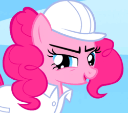 Size: 610x540 | Tagged: safe, screencap, pinkie pie, earth pony, pony, sonic rainboom (episode), animated, blinking, clothes, cloudsdale, cropped, gif, hat, solo