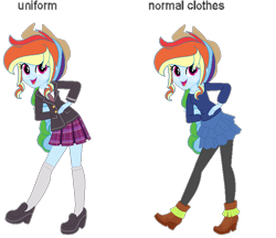 Size: 752x650 | Tagged: safe, artist:bezziie, derpibooru import, applejack, rainbow dash, equestria girls, boots, clothes, freckles, hat, necktie, shoes, simple background, transparent background, uniform