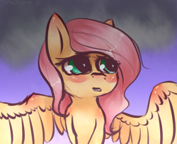 Size: 1124x919 | Tagged: safe, artist:charmilious, fluttershy, pegasus, pony, bust, looking away, open mouth, overcast, solo, spread wings