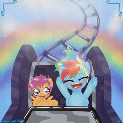 Size: 3000x3000 | Tagged: safe, artist:darkest-lunar-flower, derpibooru import, rainbow dash, scootaloo, pegasus, pony, best pony, cloud, cute, heartwarming, high res, open mouth, rainbow, roller coaster, rollercoaster, scootalove, sky, sparkles, tracks, wingding eyes