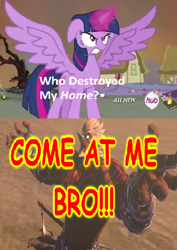 Size: 426x602 | Tagged: safe, derpibooru import, twilight sparkle, twilight sparkle (alicorn), alicorn, asura's wrath, augus, exploitable meme, hub logo, meme, who destroyed twilight's home