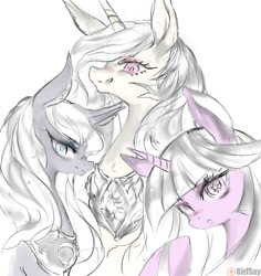 Size: 944x1000 | Tagged: safe, artist:girlsay, princess celestia, princess luna, twilight sparkle, twilight sparkle (alicorn), alicorn, pony, colored pupils, colored sketch, female, looking at you, mare, patreon, patreon logo, royal sisters, simple background, smiling, starry eyes, trio, white background, wingding eyes