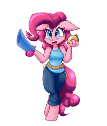 Size: 2500x2935 | Tagged: safe, artist:heir-of-rick, pinkie pie, anthro, arm cannon, clothes, floppy ears, hand, simple background, solo