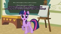 Size: 900x499 | Tagged: dead source, safe, derpibooru import, twilight sparkle, pony, unicorn, chalkboard, classroom, comic sans, explicit source, female, mare, open mouth, smiling, solo, text