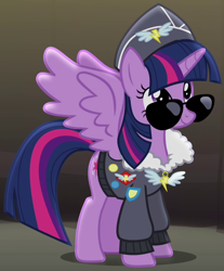 Size: 558x674 | Tagged: safe, derpibooru import, screencap, twilight sparkle, twilight sparkle (alicorn), alicorn, pony, testing testing 1-2-3, ancient wonderbolts uniform, clothes, commander easy glider, costume, cropped, cute, female, hat, jacket, mare, outfit catalog, smiling, solo, spread wings, sunglasses, uniform