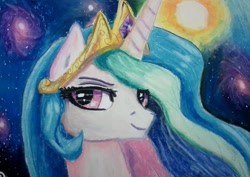 Size: 1100x780 | Tagged: safe, artist:ishraniel, princess celestia, alicorn, pony, crown, jewelry, regalia, solo, space, traditional art