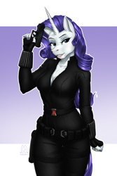 Size: 1900x2850 | Tagged: safe, alternate version, artist:mykegreywolf, rarity, anthro, unicorn, black widow (marvel), breasts, cleavage, clothes, crossover, female, glock, gun, handgun, lipstick, mare, marvel, no trigger discipline, pistol, weapon