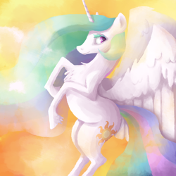 Size: 900x900 | Tagged: safe, artist:tilling-tan, princess celestia, alicorn, pony, chest fluff, flying, smiling, solo, unshorn fetlocks