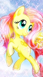 Size: 540x960 | Tagged: safe, artist:ponyfiedart, edit, fluttershy, pegasus, pony, flying, looking away, solo, spread wings