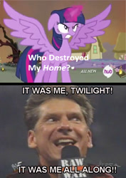 Size: 488x691 | Tagged: safe, derpibooru import, twilight sparkle, twilight sparkle (alicorn), alicorn, pony, twilight's kingdom, female, it's me austin, mare, meme, vince mcmahon, who destroyed twilight's home, wwe