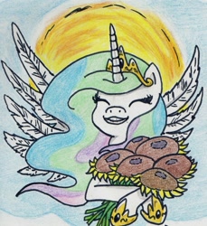 Size: 1073x1170 | Tagged: safe, artist:kuroneko, derpibooru exclusive, princess celestia, alicorn, pony, flower, happy, smiling, solo, sun, sunflower, traditional art