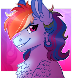 Size: 1110x1200 | Tagged: safe, artist:artistcoolpony, derpibooru import, rainbow dash, pegasus, pony, abstract background, bust, cheek fluff, chest fluff, ear fluff, female, fluffy, leg fluff, mare, portrait, profile, shoulder fluff, smiling, solo