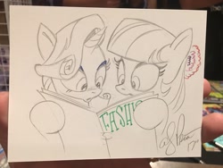 Size: 2048x1536 | Tagged: safe, artist:andypriceart, coco pommel, rarity, earth pony, pony, unicorn, book, female, mare, monochrome, partial color, reading, traditional art, wide eyes