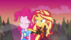 Size: 1600x900 | Tagged: safe, screencap, pinkie pie, sunset shimmer, better together, equestria girls, sunset's backstage pass!, geode of empathy, geode of sugar bombs, magical geodes, music festival outfit