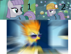 Size: 744x570 | Tagged: safe, derpibooru import, edit, edited screencap, screencap, maud pie, spitfire, earth pony, pegasus, pony, rock solid friendship, wonderbolts academy, academy record, gem, meme, mine, motion blur, smiling, when she smiles