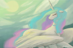 Size: 9000x6000 | Tagged: safe, artist:solarwolf95, princess celestia, alicorn, pony, absurd resolution, cloud, flying, lidded eyes, solo, spread wings, sun, wings