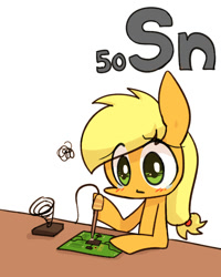 Size: 800x1000 | Tagged: safe, artist:joycall6, part of a set, applejack, earth pony, pony, series:joycall6's periodic table, blushing, chemistry, circuit board, electronics, hatless, hoof hold, missing accessory, pcb, periodic table, solder, soldering, soldering iron, solo, stannum, teary eyes, tin