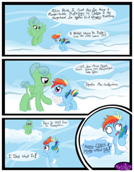 Size: 3500x4500 | Tagged: safe, artist:becauseimpink, derpibooru import, rainbow dash, oc, oc:featherdown, pegasus, pony, comic:transition, cloud, comic, derp, dialogue, female, filly, filly rainbow dash, flying, looking back, mare, on a cloud, transgender, younger