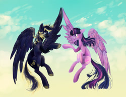 Size: 2200x1700 | Tagged: safe, artist:dream--chan, derpibooru import, twilight sparkle, twilight sparkle (alicorn), oc, oc:zephyr, alicorn, pony, canon x oc, female, flying, male, mare, shipping, straight, twiphyr