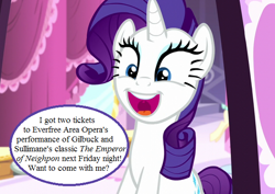 Size: 600x425 | Tagged: safe, edit, edited screencap, screencap, rarity, pony, unicorn, the saddle row review, bronybait, carousel boutique, cropped, cute, gilbert and sullivan, happy, invitation, raribetes, smiling, speech bubble