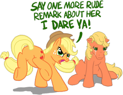 Size: 1392x1078 | Tagged: safe, artist:anscathmarcach, applejack, applejack (g1), earth pony, pony, g1, angry, applebucking, applebucking thighs, applejack's hat, bucking, cowboy hat, crying, dialogue, female, generational ponidox, hat, imminent pain, mare, ponies defending previous generation, sad, silly, silly pony, stetson, this will end in pain, this will not end well, who's a silly pony