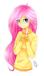 Size: 794x1369 | Tagged: safe, artist:drawcraft123, fluttershy, human, clothes, cyan eyes, digital art, hands together, humanized, light skin, long sleeves, looking at you, pink hair, simple background, solo, sweater, sweatershy, transparent background, turtleneck, yellow sweater