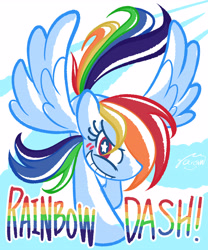 Size: 4252x5102 | Tagged: safe, artist:garammasara, derpibooru import, rainbow dash, pegasus, pony, blushing, digital art, flying, grin, hair over one eye, looking at you, smiling, solo, starry eyes, wingding eyes