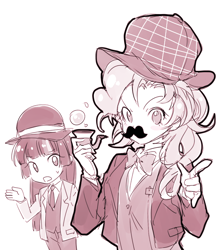 Size: 640x726 | Tagged: safe, artist:megarexetera, derpibooru import, pinkie pie, twilight sparkle, human, mmmystery on the friendship express, bubble pipe, deerstalker, duo, female, hat, humanized, monochrome, moustache, pipe, sherlock holmes